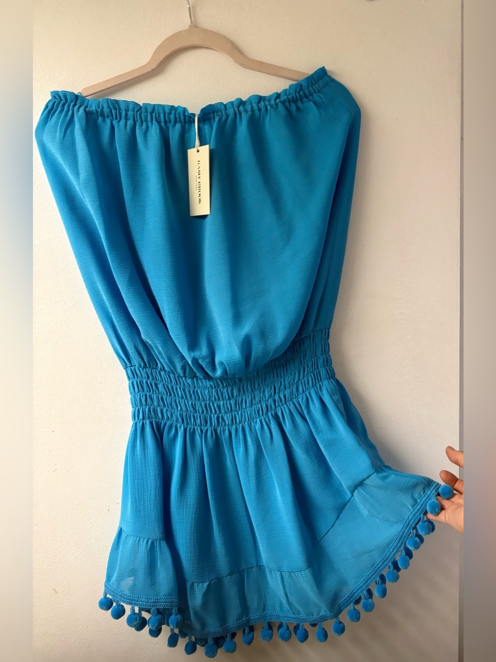 New with tags  Ramy Brook Blue Strapless Pom Pom swimsuit cover up